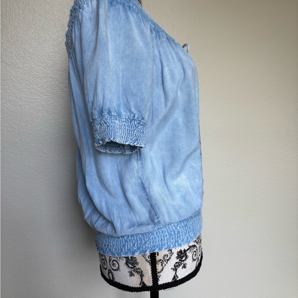 Smocked Light Blue Embroidered Peasant Blouse - Picture 3 of 13